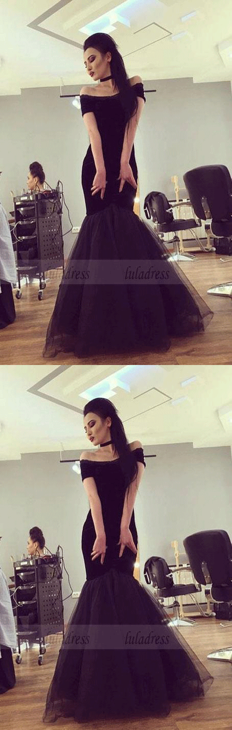 Sexy Off The Shoulder Black Tulle Mermaid Evening Dresses Prom Gowns