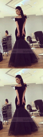 Sexy Off The Shoulder Black Tulle Mermaid Evening Dresses Prom Gowns