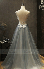 Gray Sweetheart Lace Tulle  Long Prom Dress, Tulle  Evening Dress