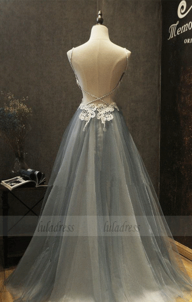 Gray Sweetheart Lace Tulle  Long Prom Dress, Tulle  Evening Dress,BD98028