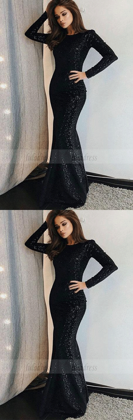 Unique Prom Dress Long Sleeve Evening Dress Black Prom Gowns Sequined Evening Dresses