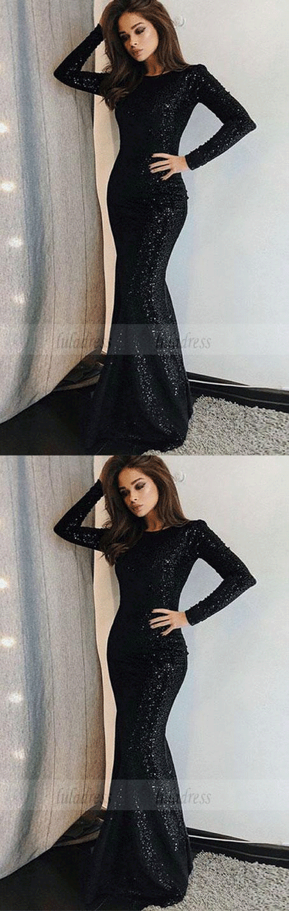 Unique Prom Dress Long Sleeve Evening Dress Black Prom Gowns Sequined Evening Dresses