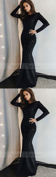 Unique Prom Dress Long Sleeve Evening Dress Black Prom Gowns Sequined Evening Dresses,BD98048