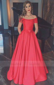 A Line Off Shoulder Prom Dress, Red Satin Pageant Dress,BD99952