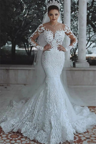 Luxury Beaded Lace Mermaid Wedding Dresses with Sleeves | Sheer Tulle Appliques Bride Dresses,WD21005