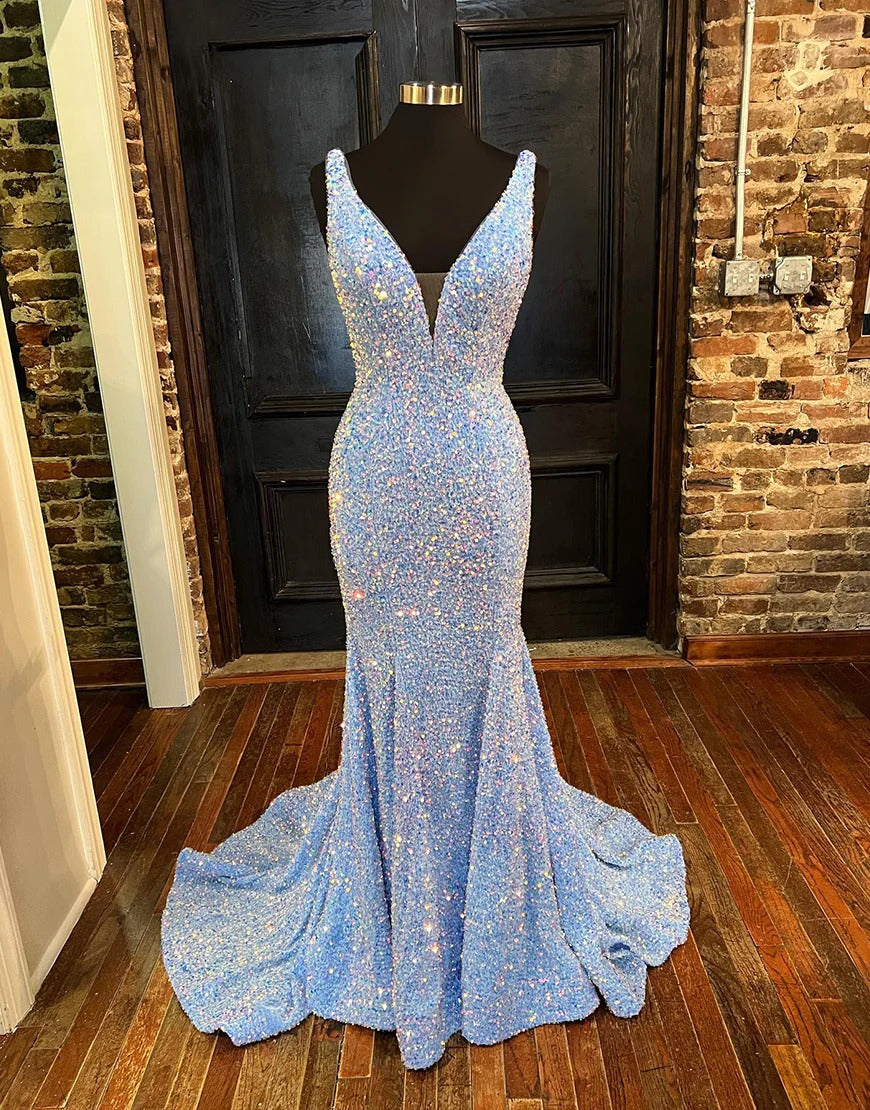 Long Light Blue Sequin Mermaid Prom Dresses Pic Color / US8 Long Light Blue Sequin Mermaid Prom Dresses Pic Color / US8