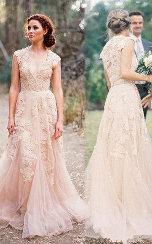 V Neck Lace Appliques Wedding Dresses,BW97314
