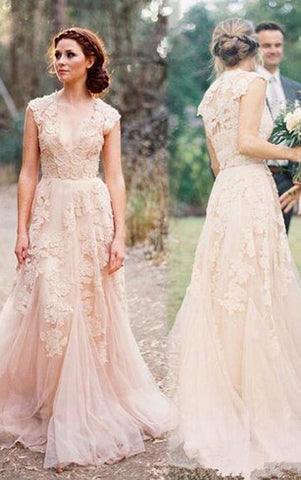 V Neck Lace Appliques Wedding Dresses