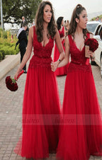 Long Bridesmaid Dresses A-line V neck Wedding Party Gowns with Appliques for Women
