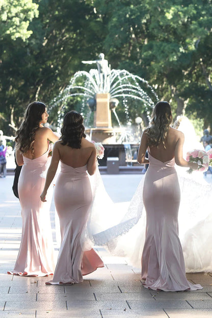 Mermaid Long Strapless Blush Pink Satin Bridesmaid Dresses Party Dresses