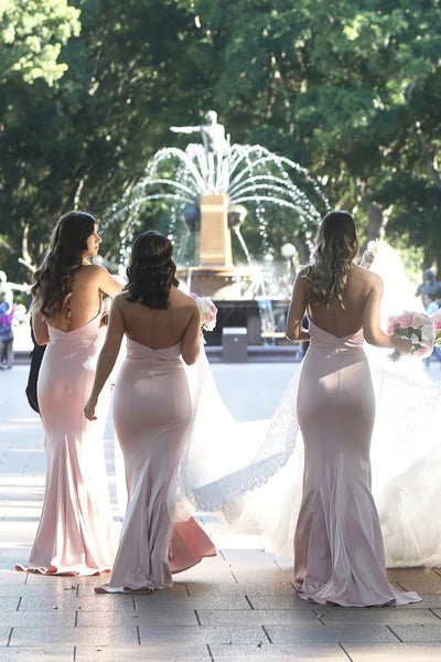 Mermaid Long Strapless Blush Pink Satin Bridesmaid Dresses Party Dresses,BD930625