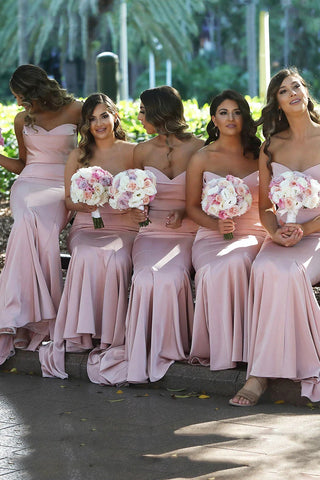 Mermaid Long Strapless Blush Pink Satin Bridesmaid Dresses Party Dresses,BD930625