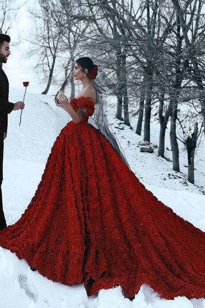 Glamorous Off The Shoulder Ruby Flowers Ruffles Evening Dresses,PD21045