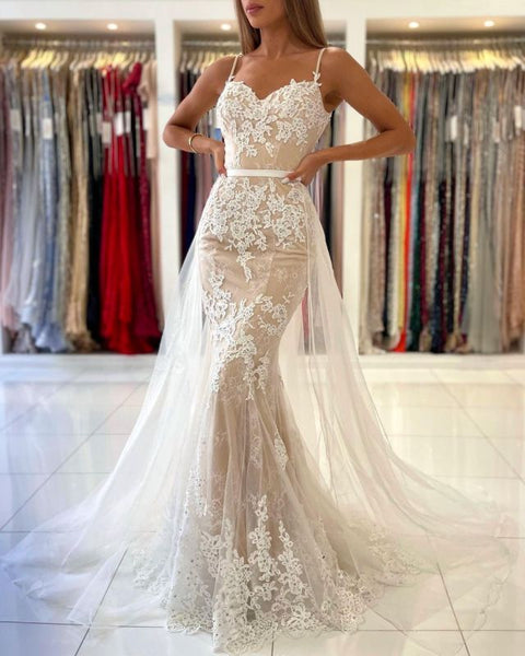 Glamorous Spaeghtt-Straps Lace Mermaid Prom Dress With Ruffles,BD2995