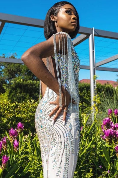 Glamorous White Crystal Sequins Prom Dresses Mermaid,PD21028