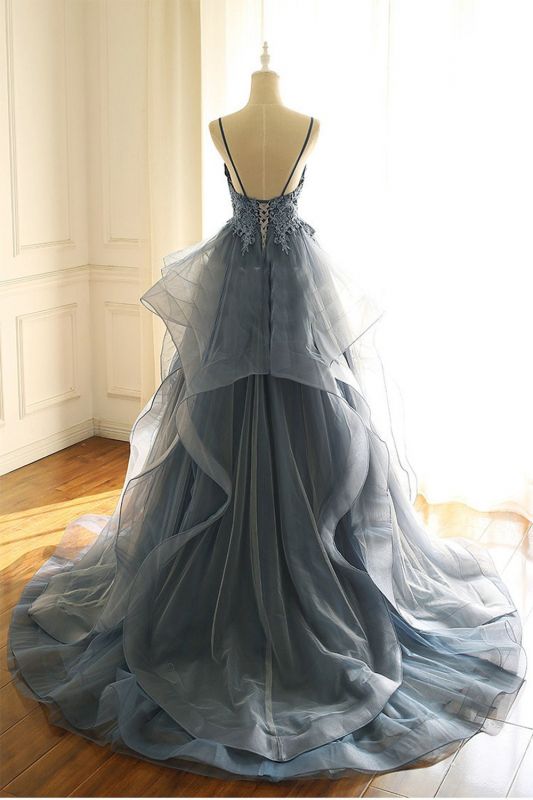 V Neck Spaghetti Straps Dark Blue Prom Dresses With Ruffles