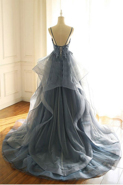 V Neck Spaghetti Straps Dark Blue Prom Dresses With Ruffles