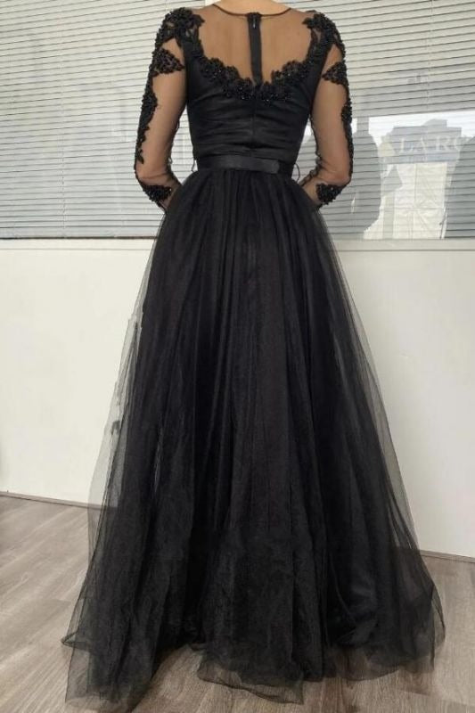 Sexy Black Lace Sleeves Prom Dress Long Evening Gowns Pic Color / US2 Sexy Black Lace Sleeves Prom Dress Long Evening Gowns Pic Color / US2