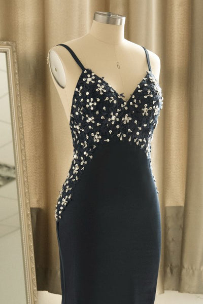 Spaghetti Straps V-Neck Prom Dress | Sleeveless Appliques Beadings Party Dress,PD21084