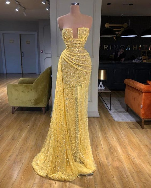 yellow evening dresses long high neck sparkly feather luxury bling,BD930701