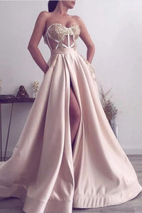 Sexy Strapless Satin Lace Slit Prom Dresses On Sale,PD21076