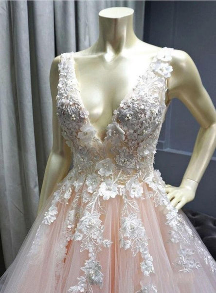 Sexy Deep-V-Neck Tulle Lace Prom Dresses On Sale,PD21078