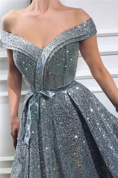 Glittery Off The Shoulder Sequins Front-Split Ruffles Prom Dresses,PD21068