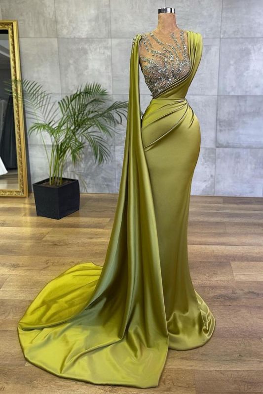 Vintage Jewel Satin Emerald Crystal Mermaid Prom Dresses Long,BD2999