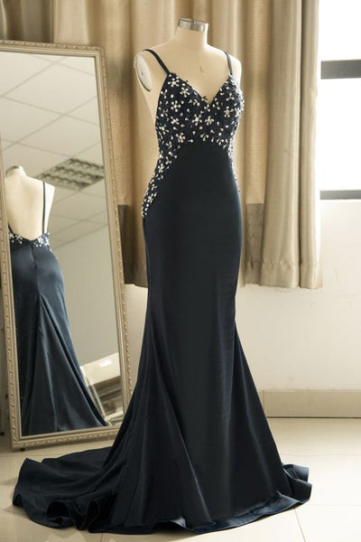 Spaghetti Straps V-Neck Prom Dress | Sleeveless Appliques Beadings Party Dress,PD21084