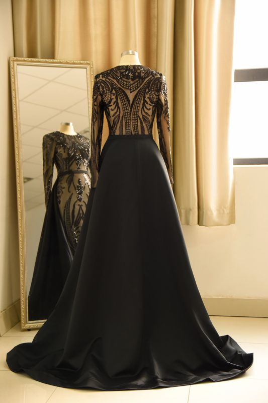 Elegant Jewel Sequined Mermaid Prom Dress Long Sleeves Appliques Party Dress