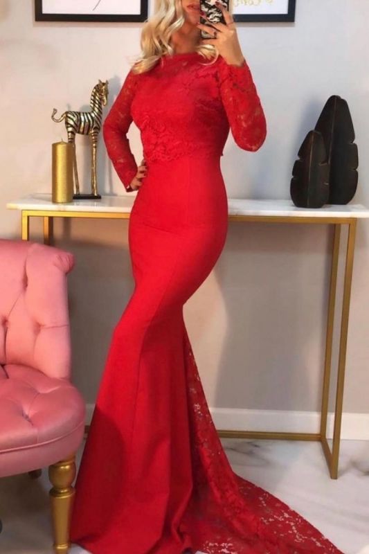 Elegant Mermaid Long Sleeves Red Prom Dress with Lace Online,PD21064