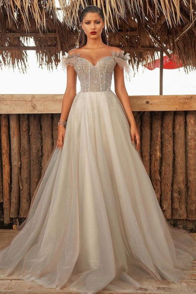 Luxury Off The Shoulder Tulle Silver Prom Dresses Beading Sequins A-Line Evening Dresses,PD21050