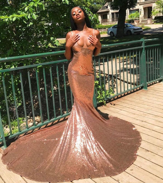 Glittery Sleeveless V Neck Nude Pink Sequins Mermaid Prom Dresses,PD21057