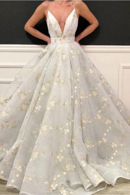 Sexy Deep-V-Neck Flowers Prom Dresses Online