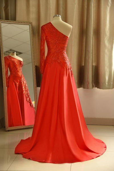 One-Shoulder Red Sequined Prom Dress | One-Sleeve Sexy Party Dress,PD21080