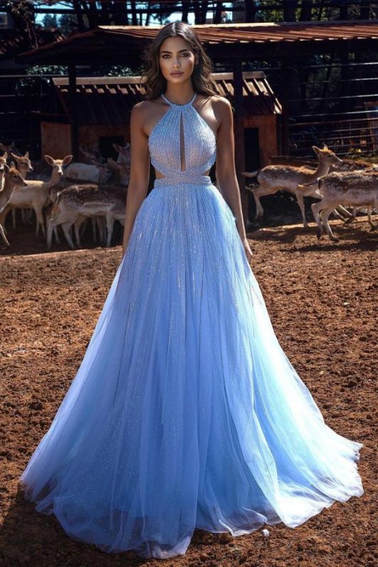 Breath-taking Halter Lake Blue Tulle Sequins A-Line Prom Dresses,BD93023