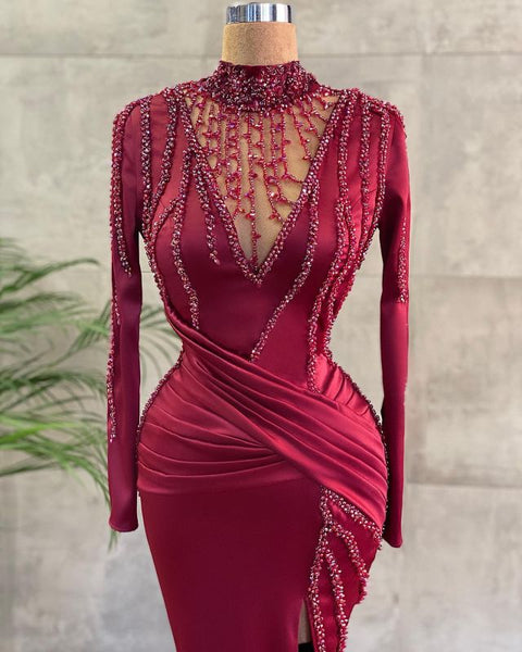 Burgundy Elegant Long Sleeve Prom Dress Mermaid Beadings Evening Gowns ,BD2992