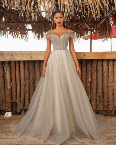 Luxury Off The Shoulder Tulle Silver Prom Dresses Beading Sequins A-Line Evening Dresses