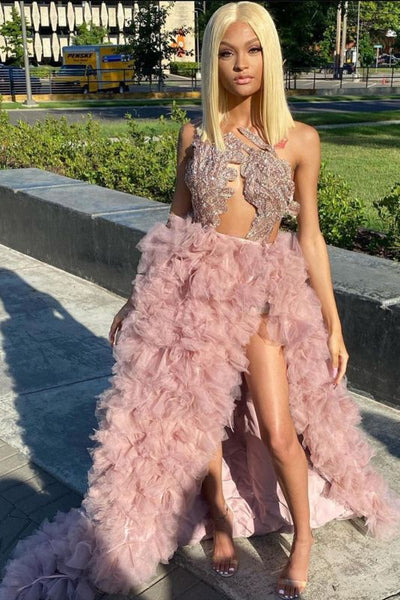 Sexy Sleeveless Blushing Pink Ruffles Prom Dress Long,PD21040