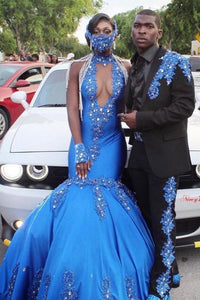 Glamorous Blue Halter Crystal Prom Dresses V-Neck Mermaid Evening Gowns,PD21055