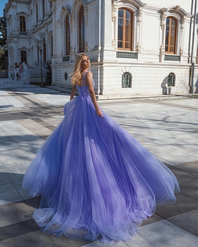 strapless open back dress Glamourous Sleeveless Tulle Purple Zipper Prom Dresses Long Pic Color / US2