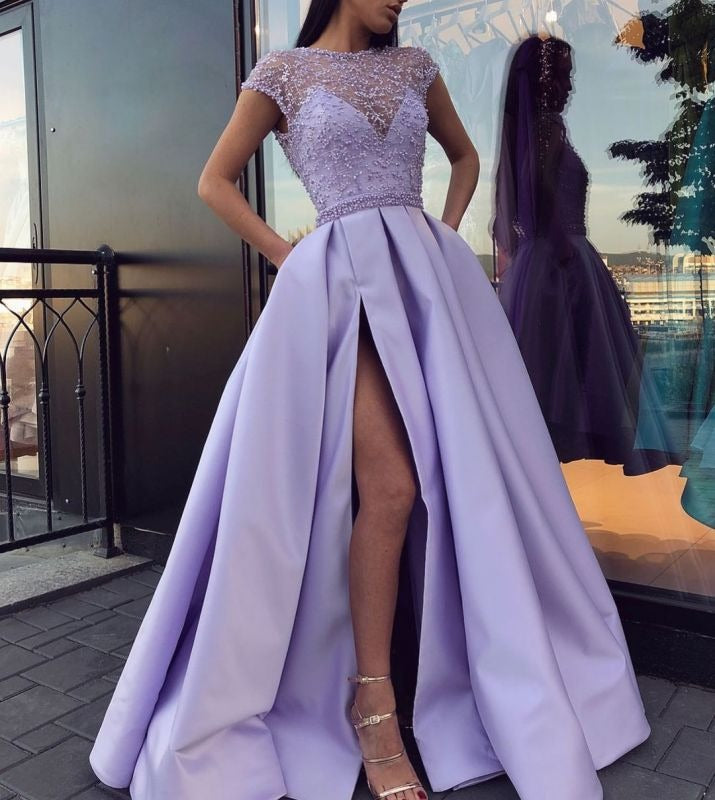 Gorgeous Sleeveless Light Purple Satin Lace Front-Split Prom Dresses W Gorgeous Sleeveless Light Purple Satin Lace Front-Split Prom Dresses W