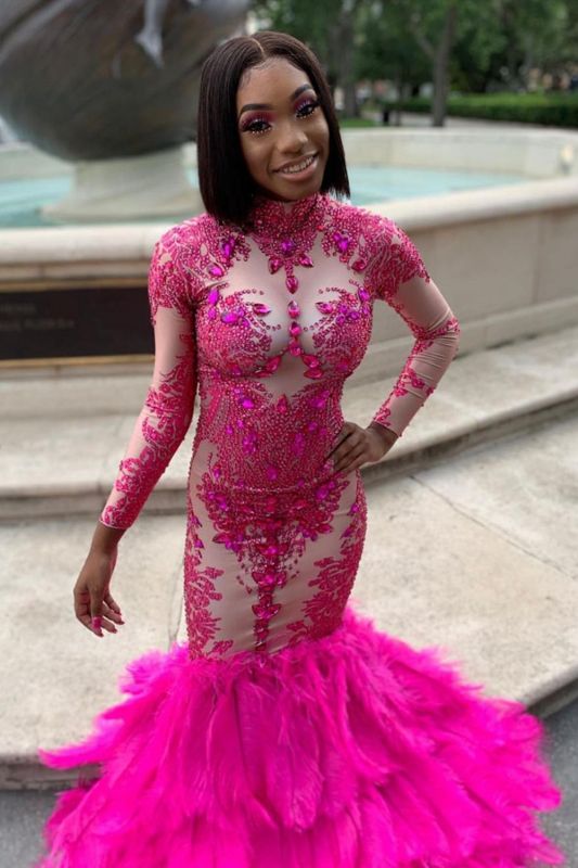 Stunning Fuchsia Mermaid Evening Gowns|Long Sleeves High Neck Prom Dre – luladress
