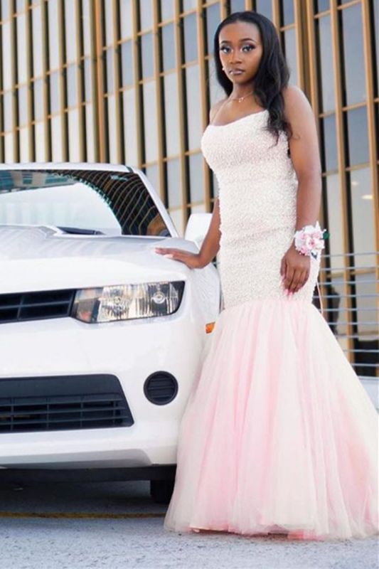Light Pink Tulle Mermaid Prom Dresses With Sequins