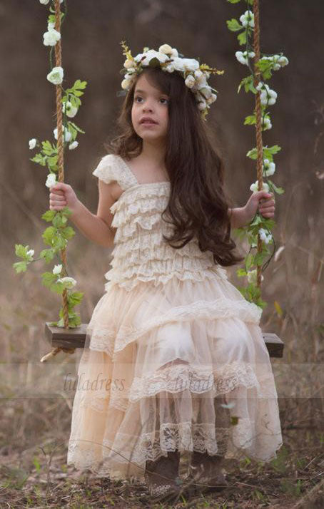 princess Lace layered design flower girl dress A Line spaghetti straps kids party dress