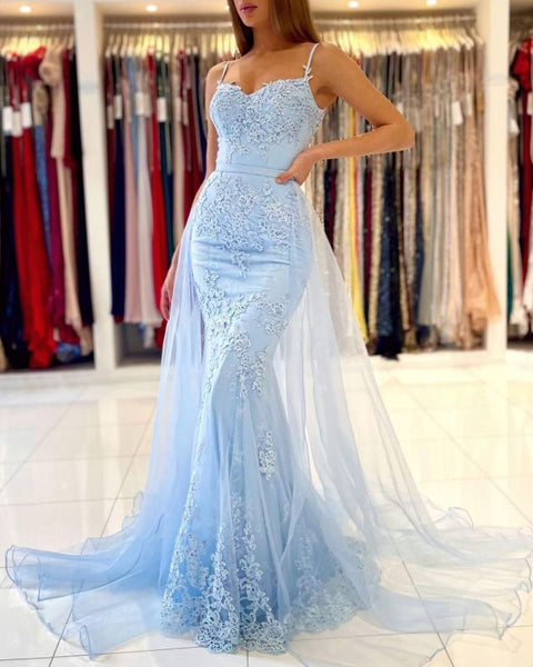 Glamorous Spaghetti-Straps Lace Mermaid Long Evening Prom Dress Sky Blue,BD93005