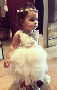 Ball Gown Round Neck Tiered Flower Girl Dress with Appliques,BW97183