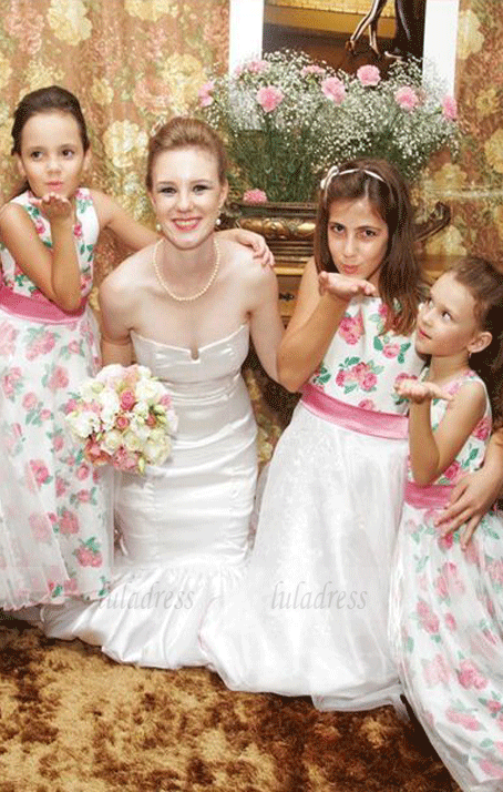 Jewel Ankle-Length Flower Girl Dress - Printed Satin with Sash