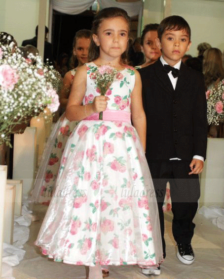 Jewel Ankle-Length Flower Girl Dress - Printed Satin with Sash