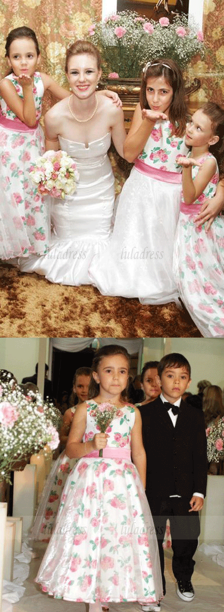 Jewel Ankle-Length Flower Girl Dress - Printed Satin with Sash